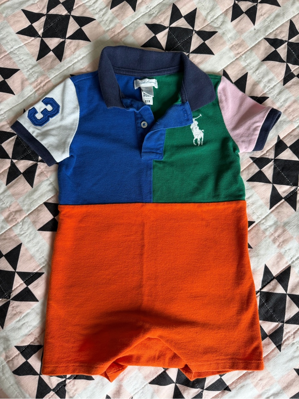 Ralph Lauren Colorblock Polo Romper in Orange, Blue, Green & Pink